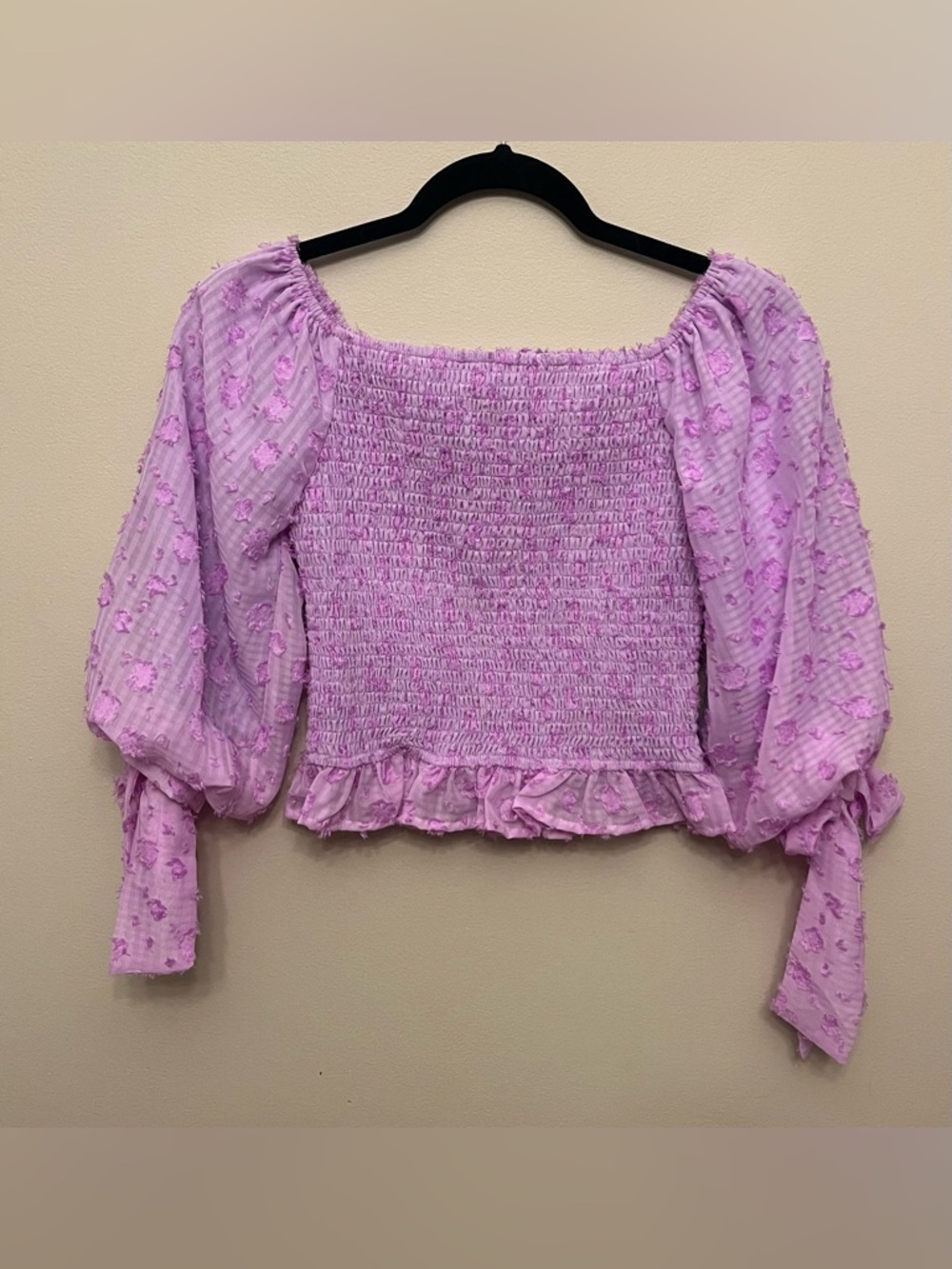 NWT TCEC Gingham Smocked Off Shoulder Crop Top Women's Size Small Purple